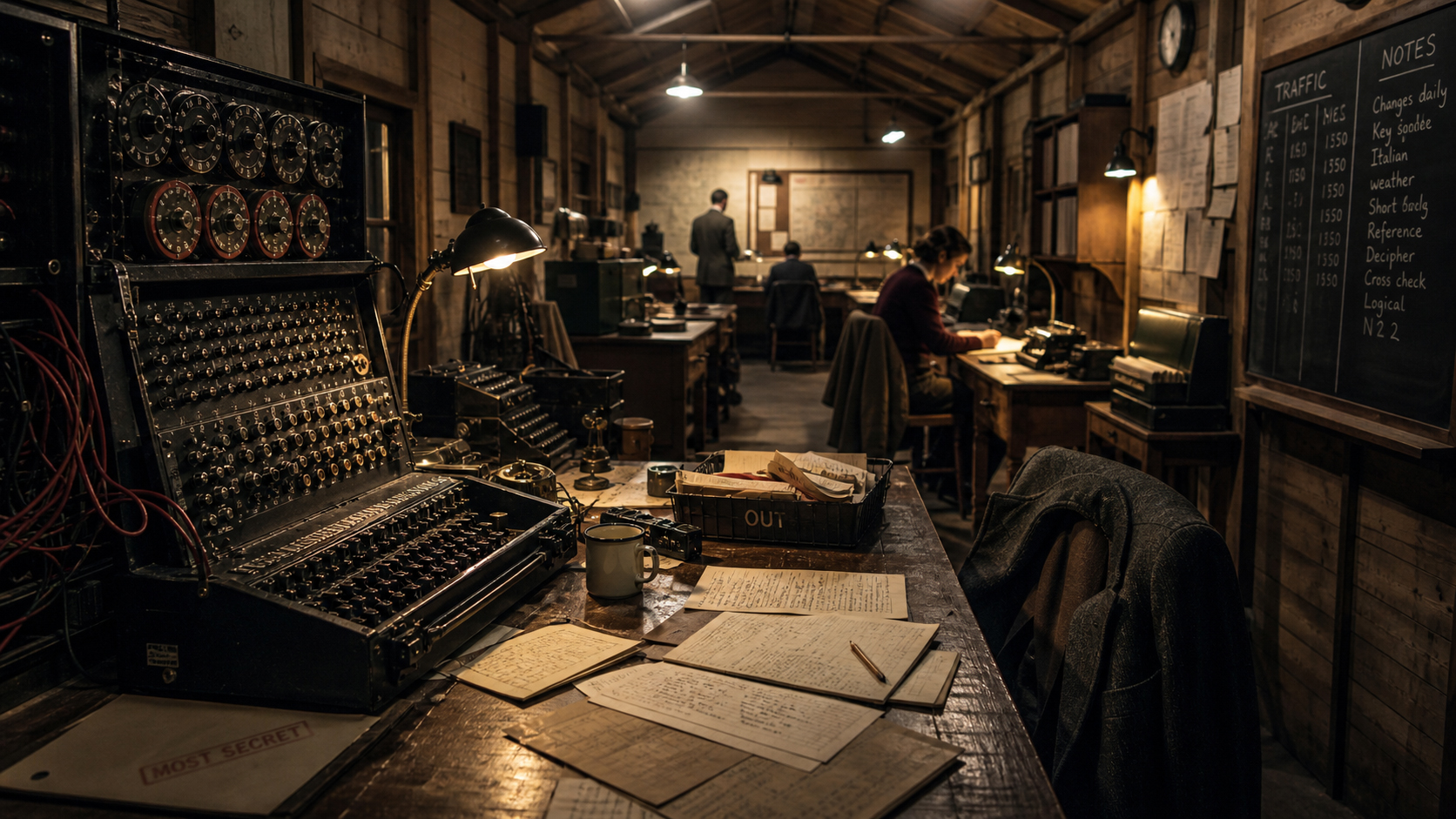 Bletchley Park を思わせる小屋と作業室、暗号機、索引カード