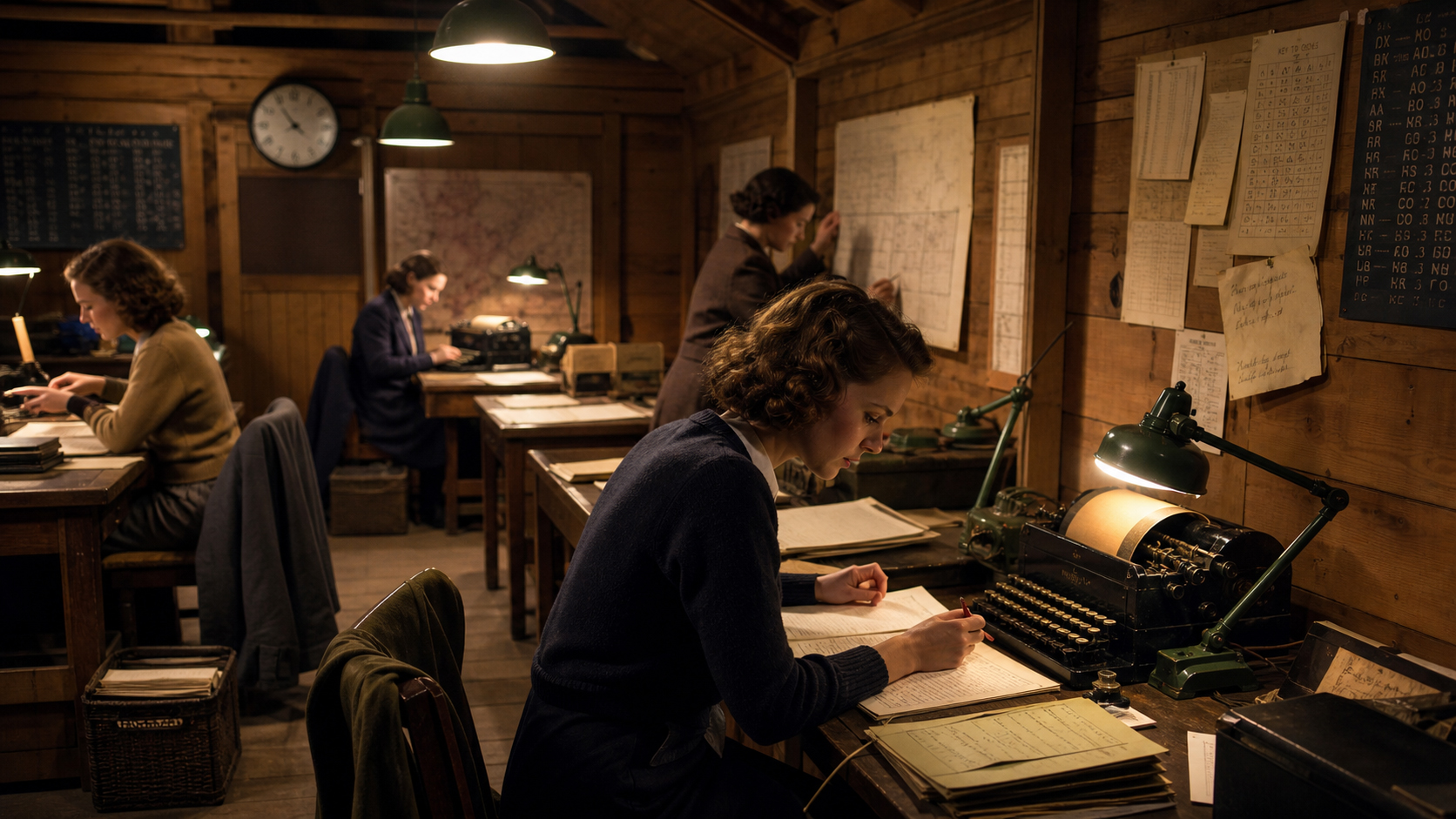 Bletchley Park の作業室で女性たちが暗号文、索引カード、機械の横で働く