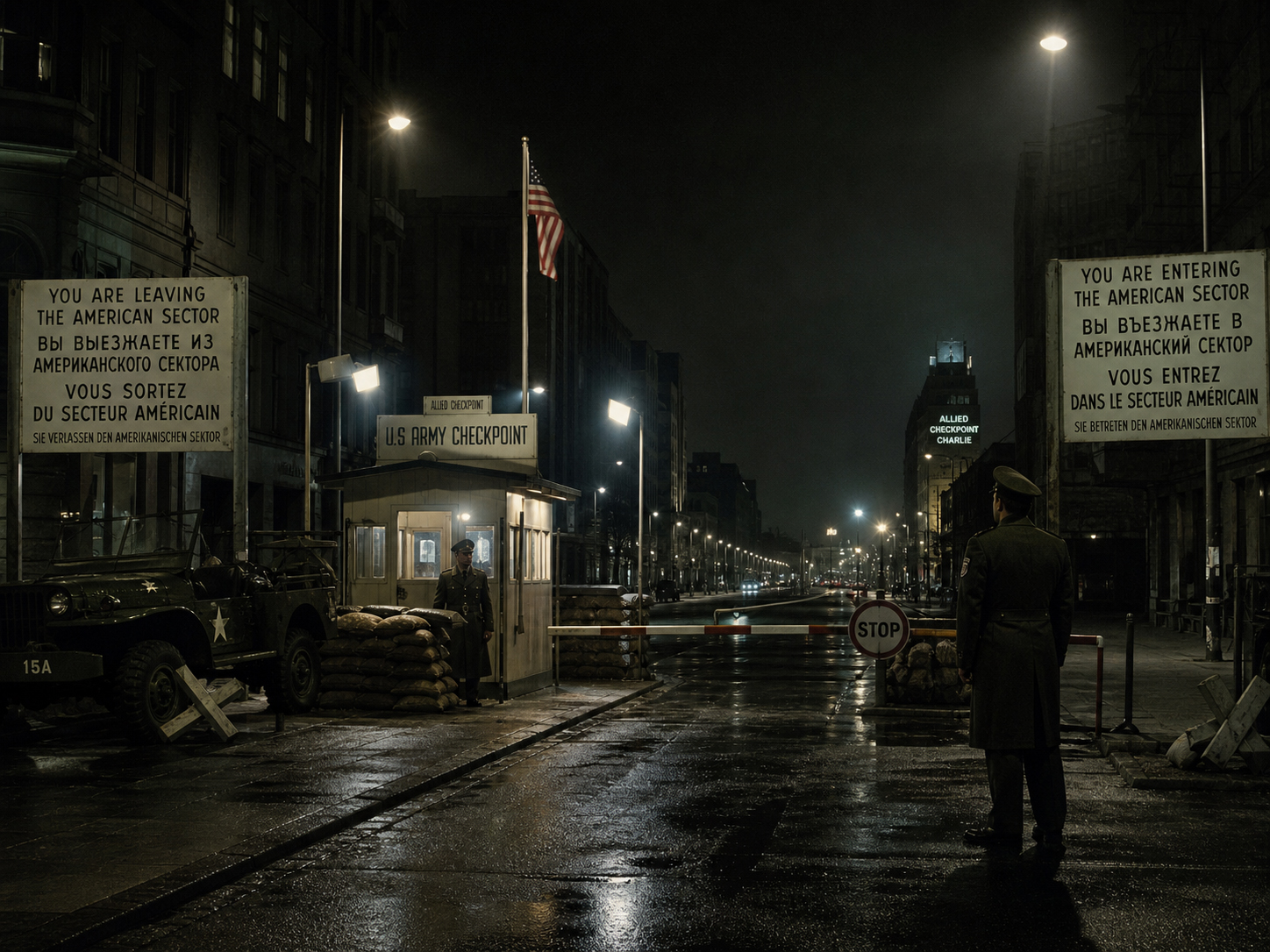夜の Checkpoint Charlie、警告看板、雨の道路、壁、監視塔
