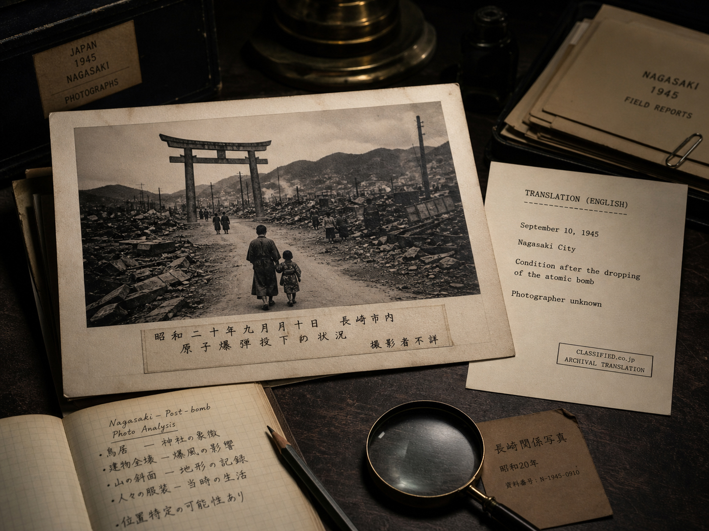 日本語地名と英語キャプションが併記された写真資料複製