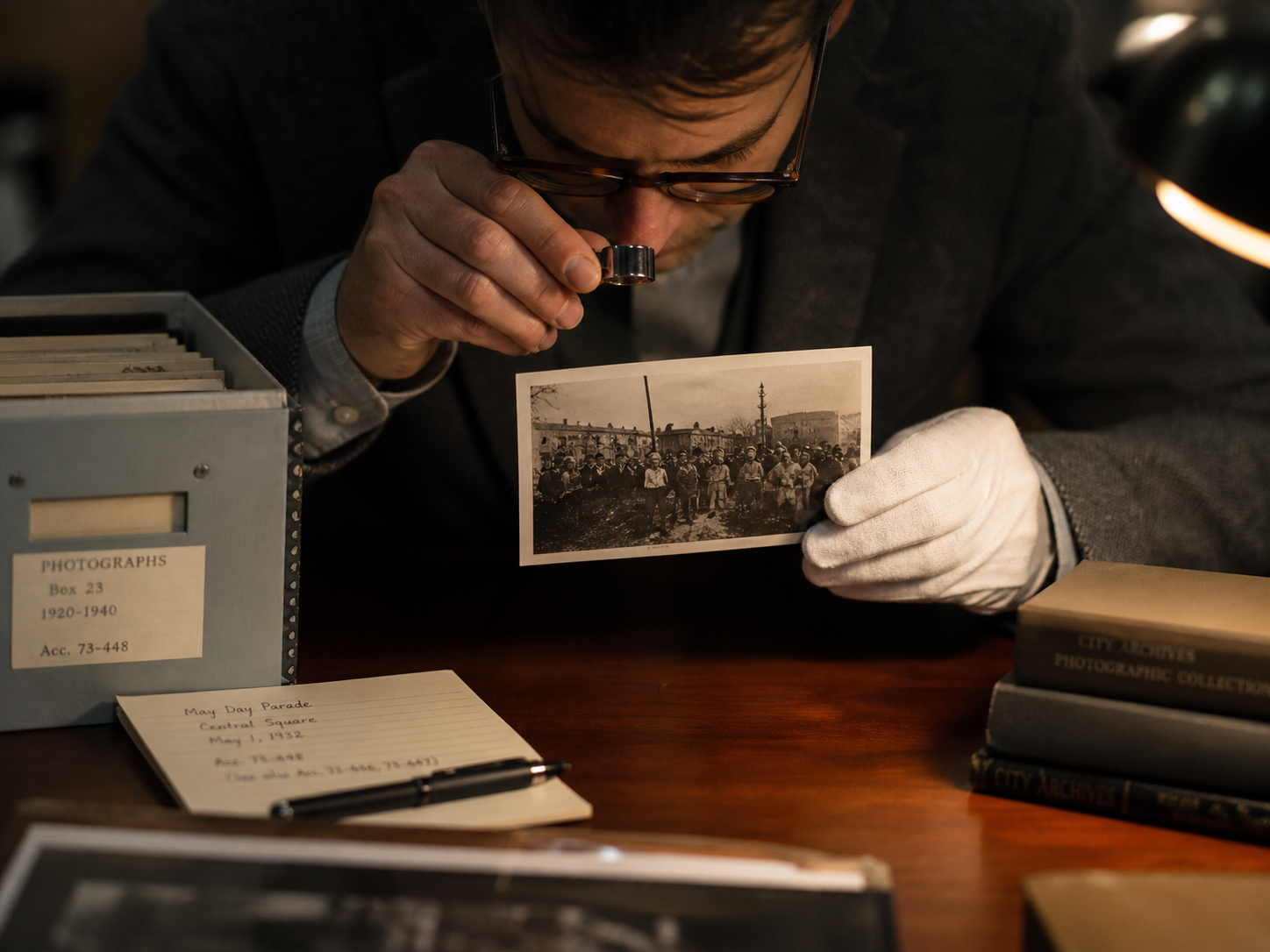 拡大鏡でアーカイブ写真を見る読者の手元
