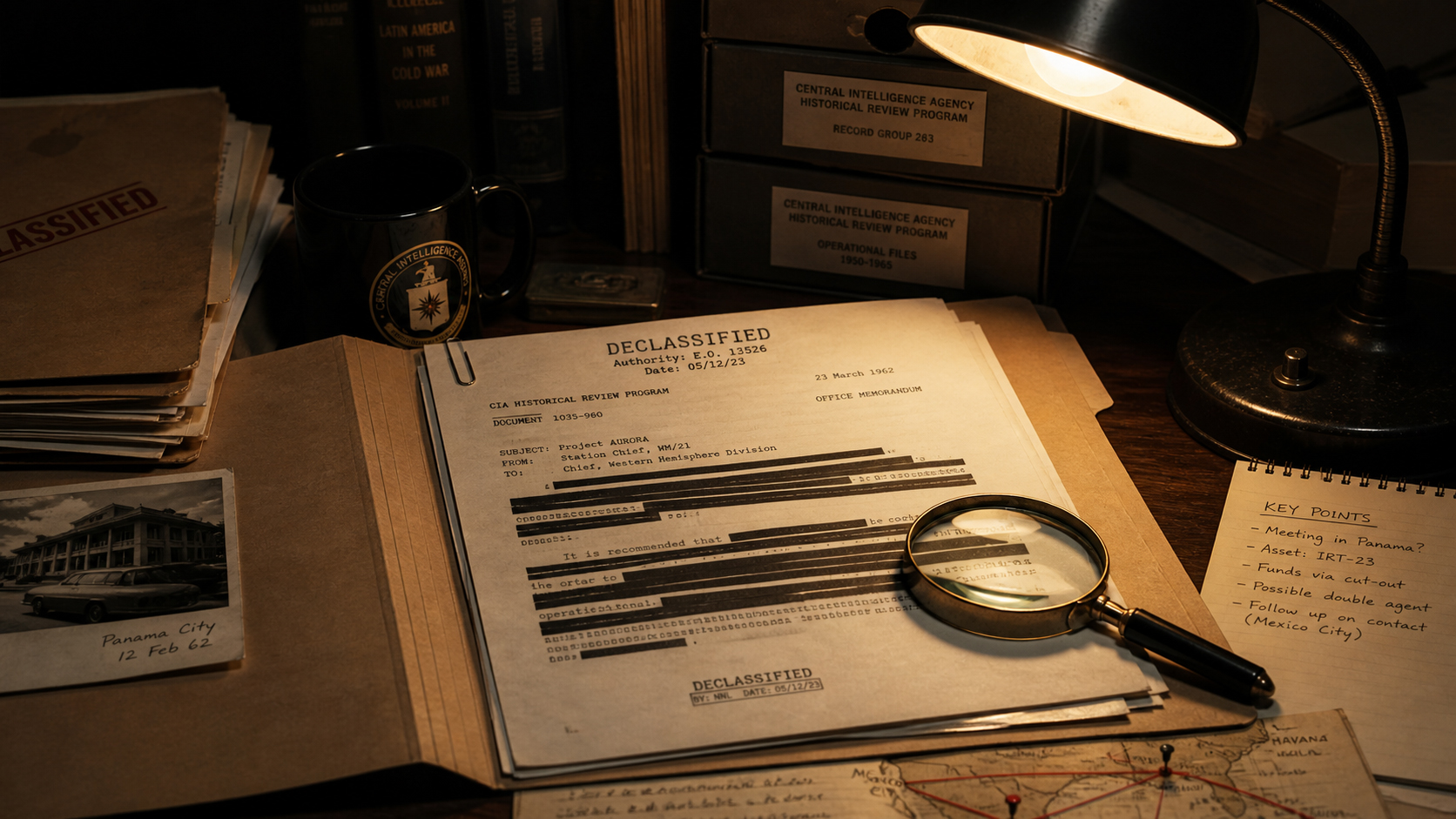 デスクライトの下で機密解除文書を読む手元