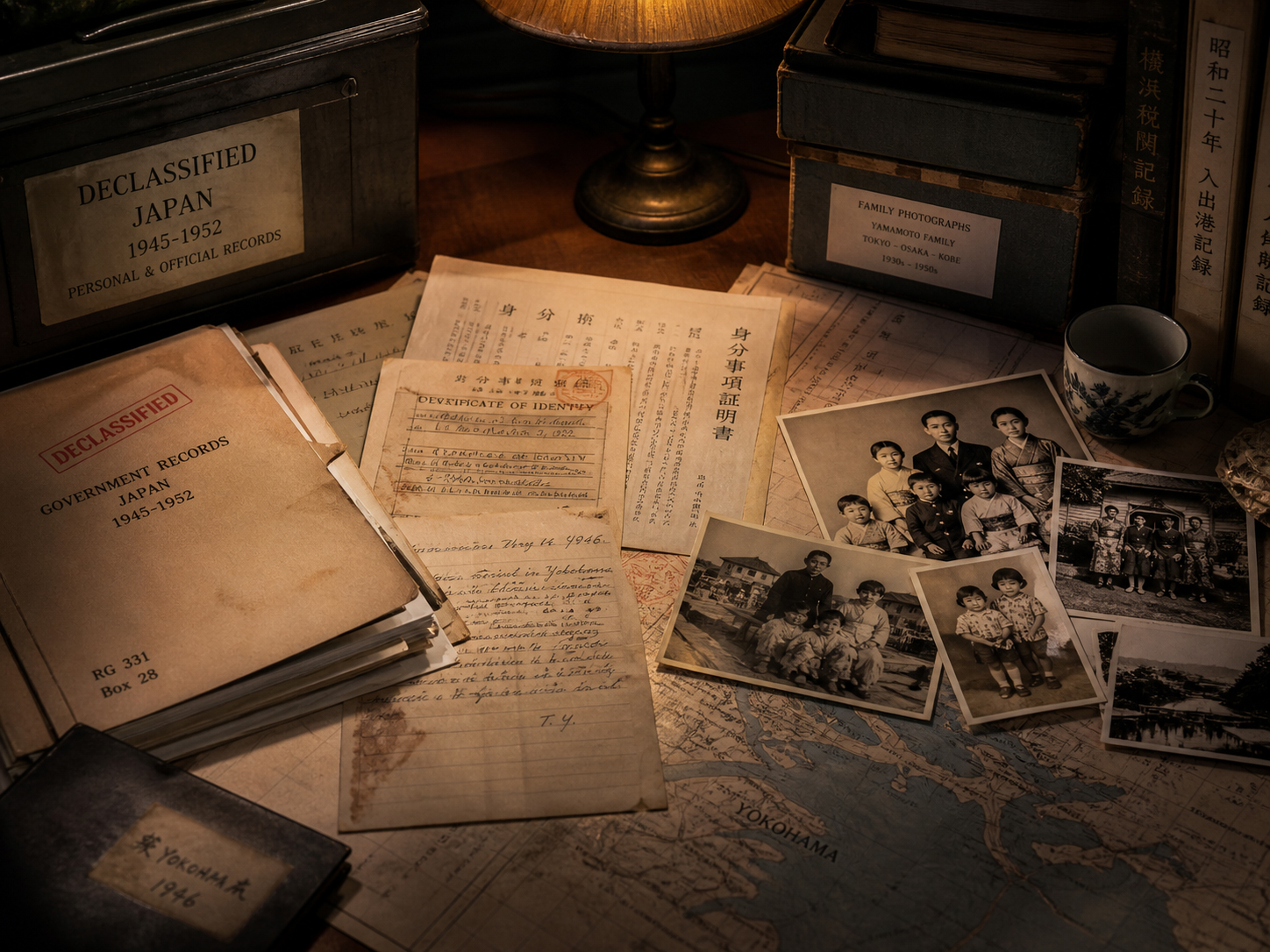 公文書、家族写真、焼けた紙片、黒塗り文書、保存箱