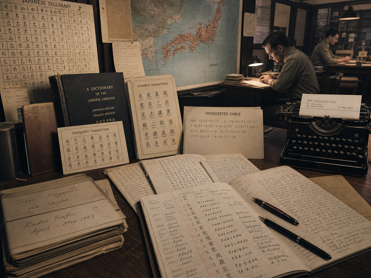仮名表、漢字辞書、ローマ字化された日本語電文、海軍暗号表
