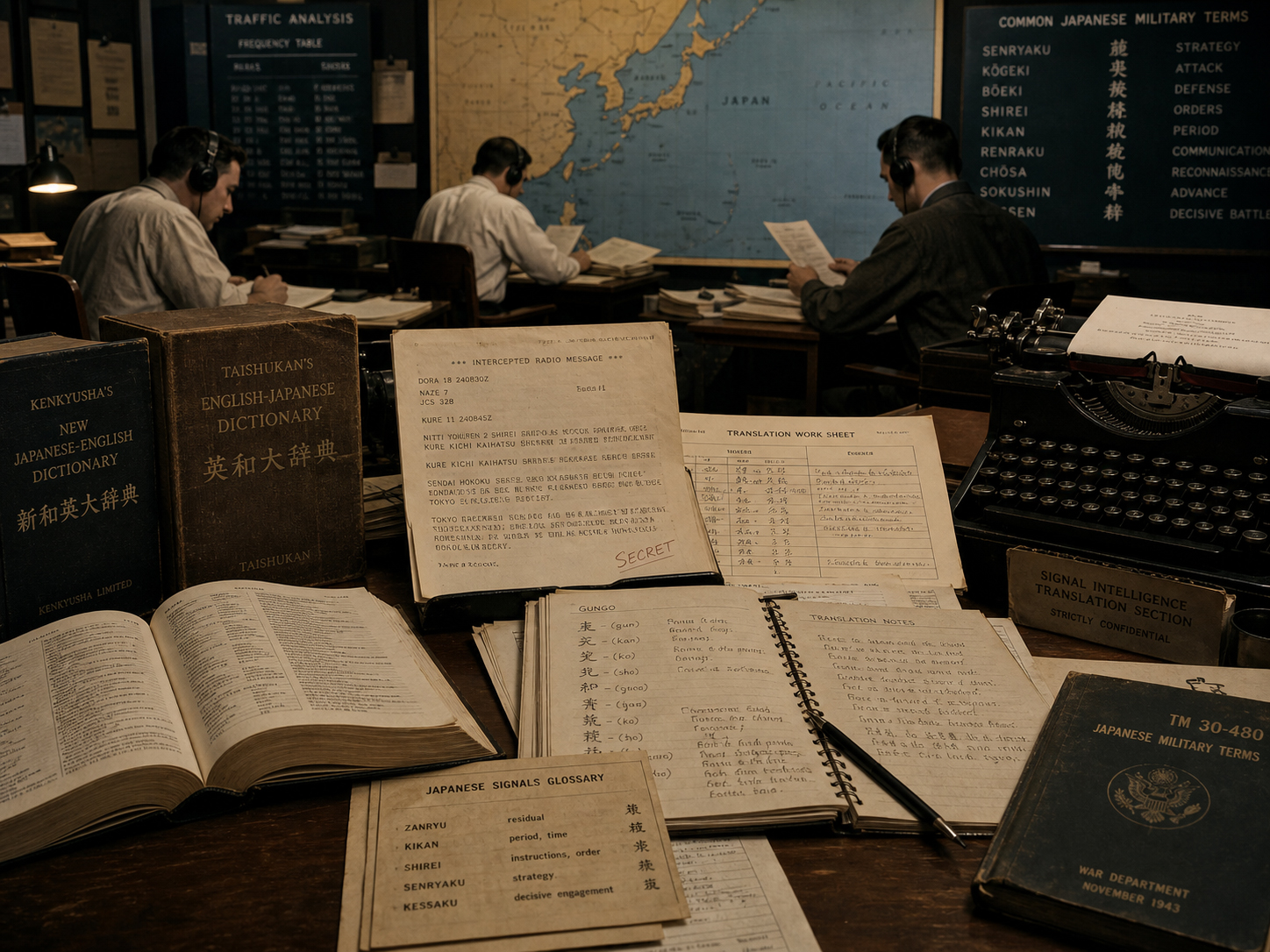 日本語公電、英訳メモ、和英辞典、タイプライター、翻訳者の注記