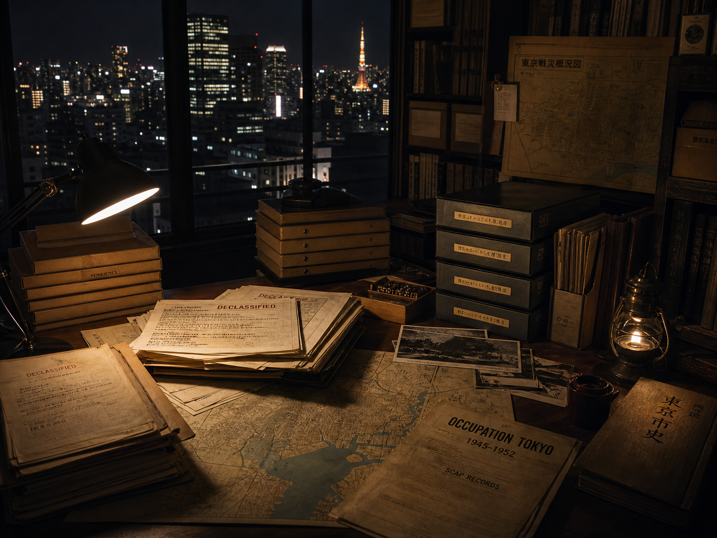 夜の東京、古い公文書、焼け焦げた紙片、黒塗り文書、霞が関の地図