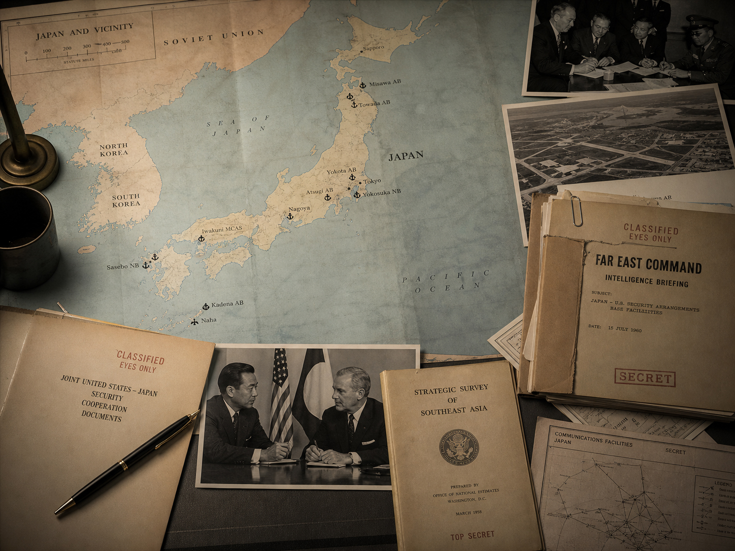 東京、ワシントン、沖縄、太平洋を結ぶ地図、日米安保文書、基地、通信アンテナ