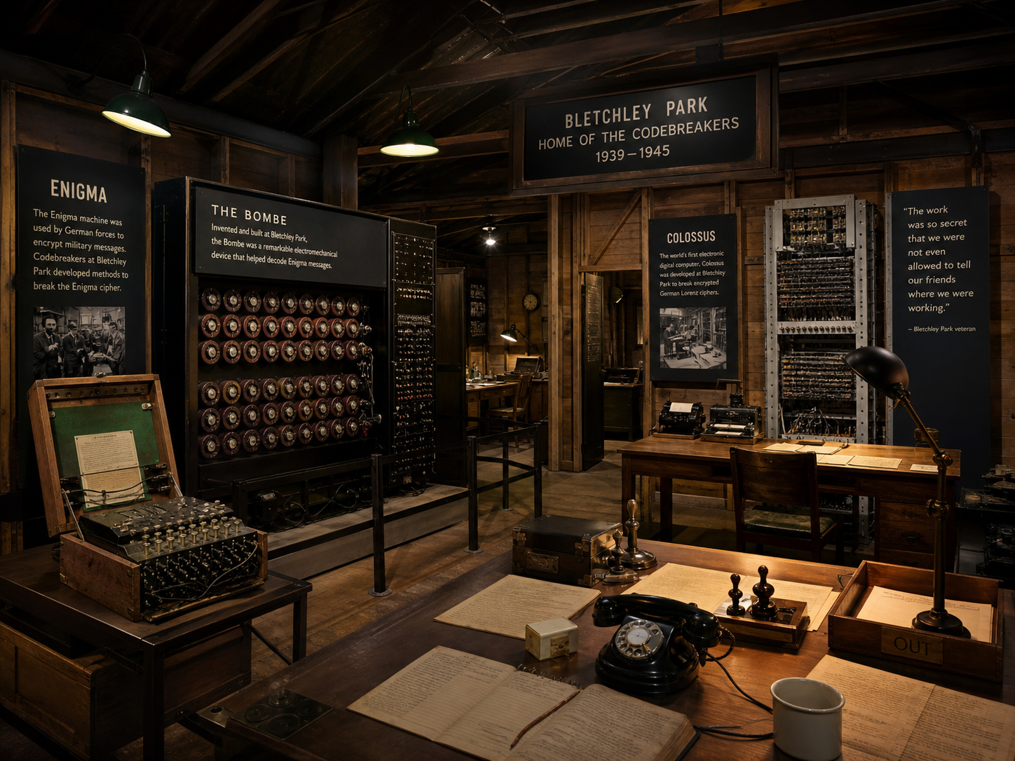 Bletchley Park のハット、Enigma、Bombe、Colossus、女性作業員の机