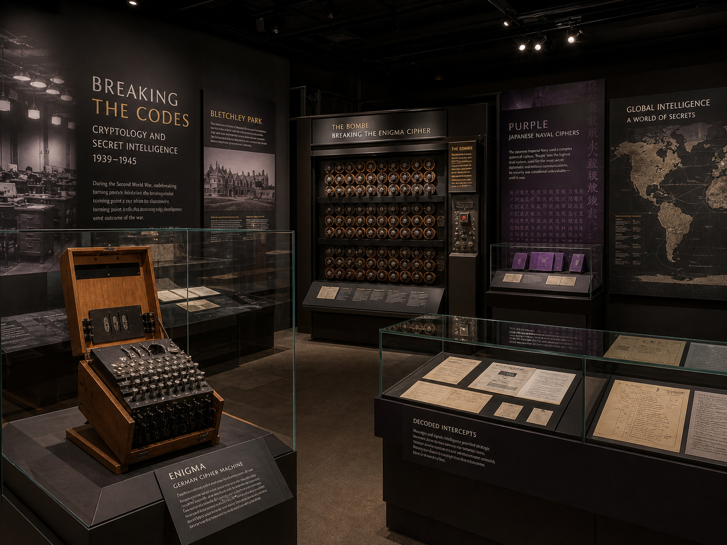 Enigma、Bombe、PURPLE 展示、女性暗号解読者の机、黒塗り文書