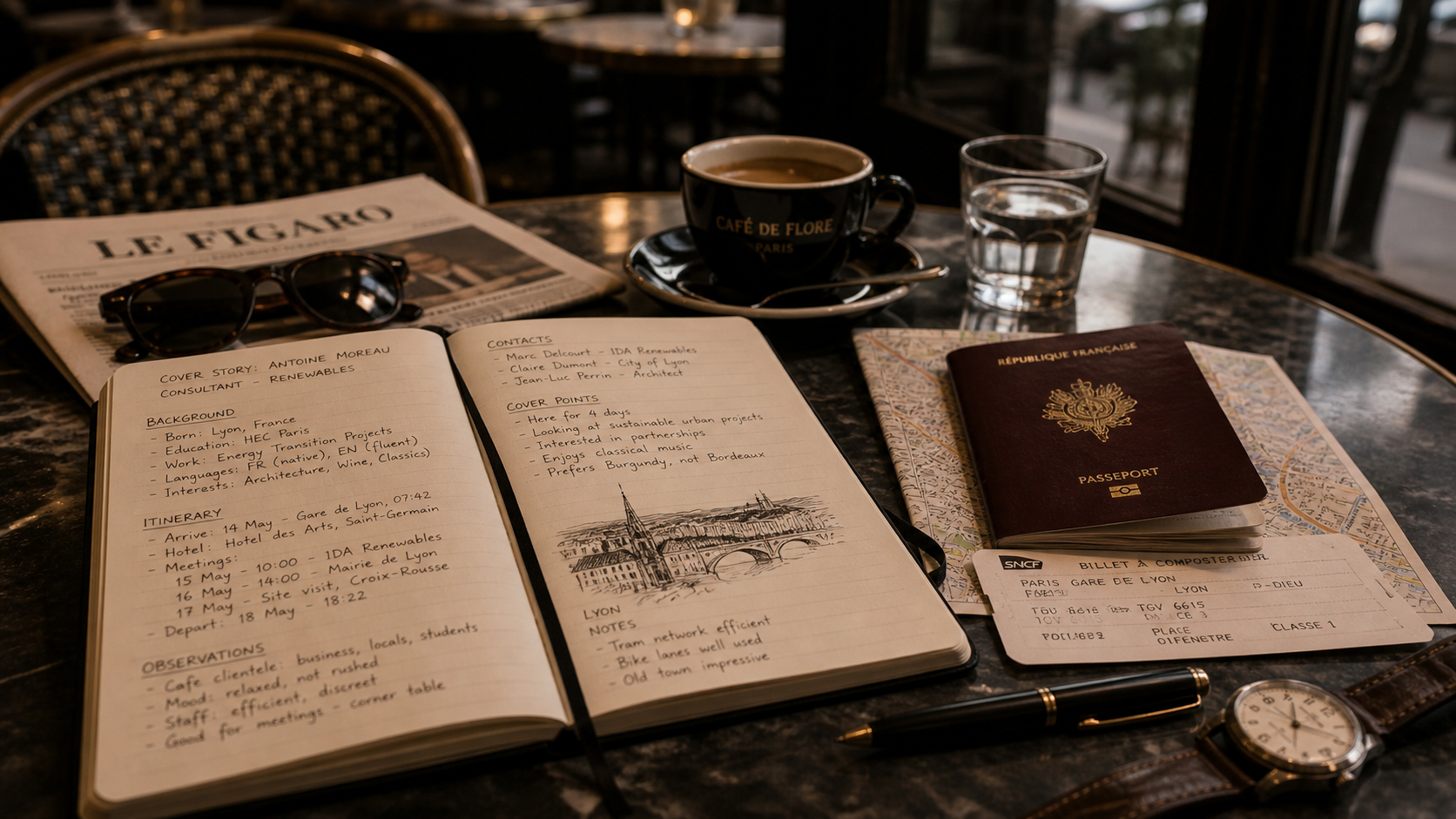 カフェの机にノート、旅券、名刺、コーヒーカップが置かれている