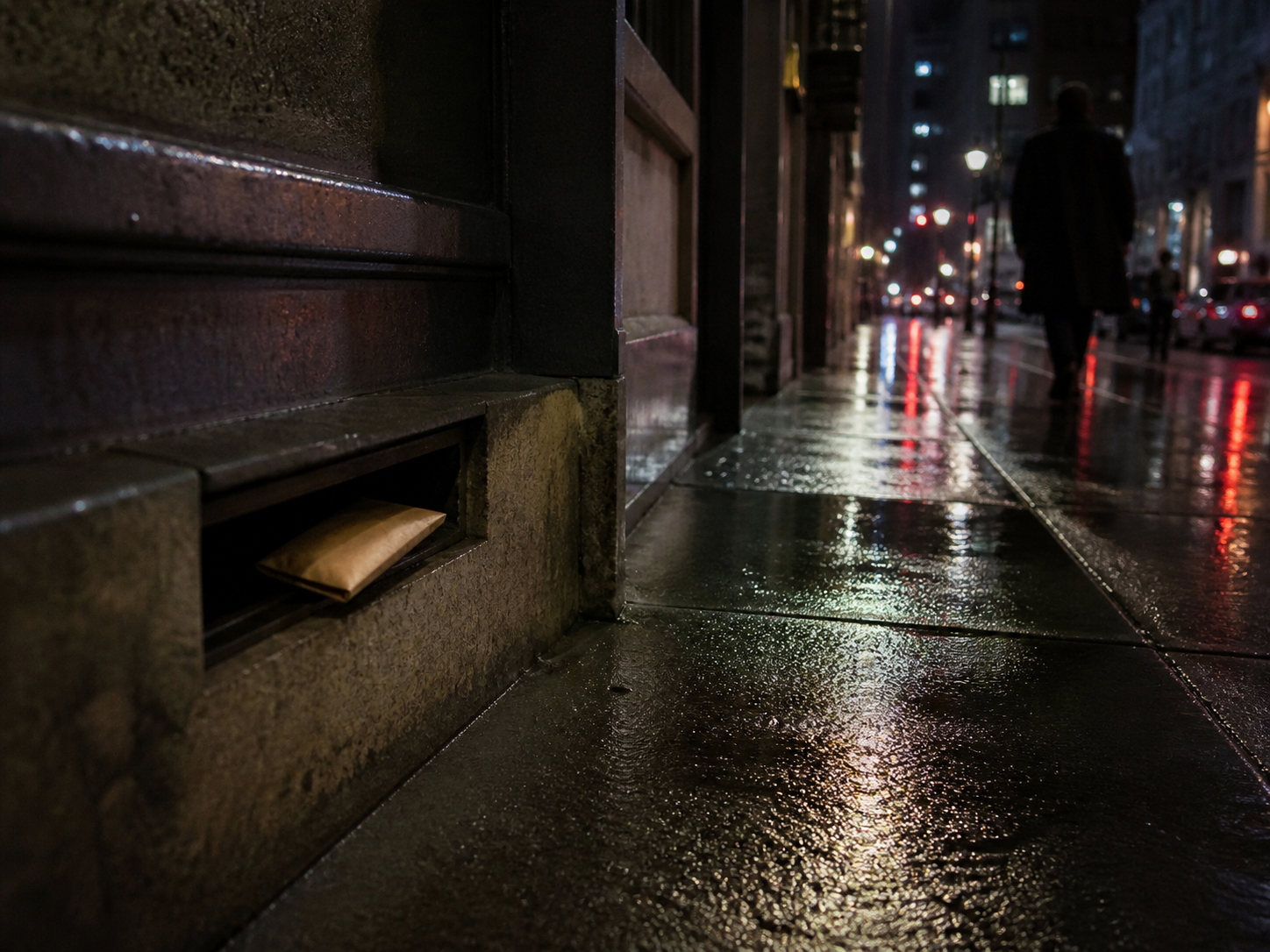 雨の街角に置かれた目立たない荷物